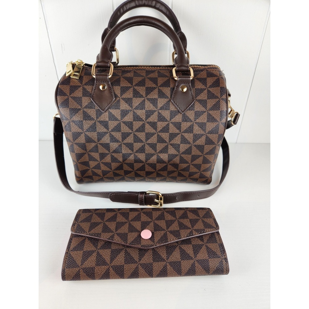 Crossbody Purse Satchel Handbag and Matching Wallet Set Brown Multi pockets